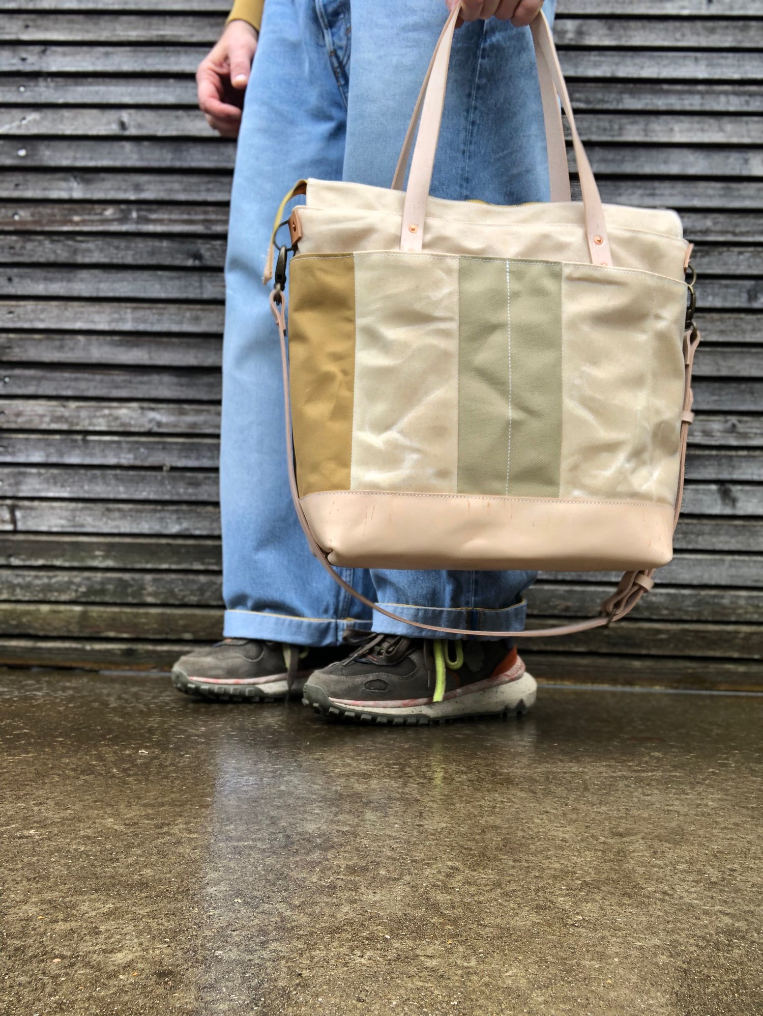 Image of Diaper bag / Large tote bag in waxed canvas and leather with cross body strap COLLECTION UNISEX