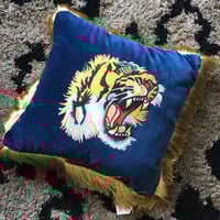 Image 9 of blue or pink  cotton velvet with embroidered tiger patch and gold fringing