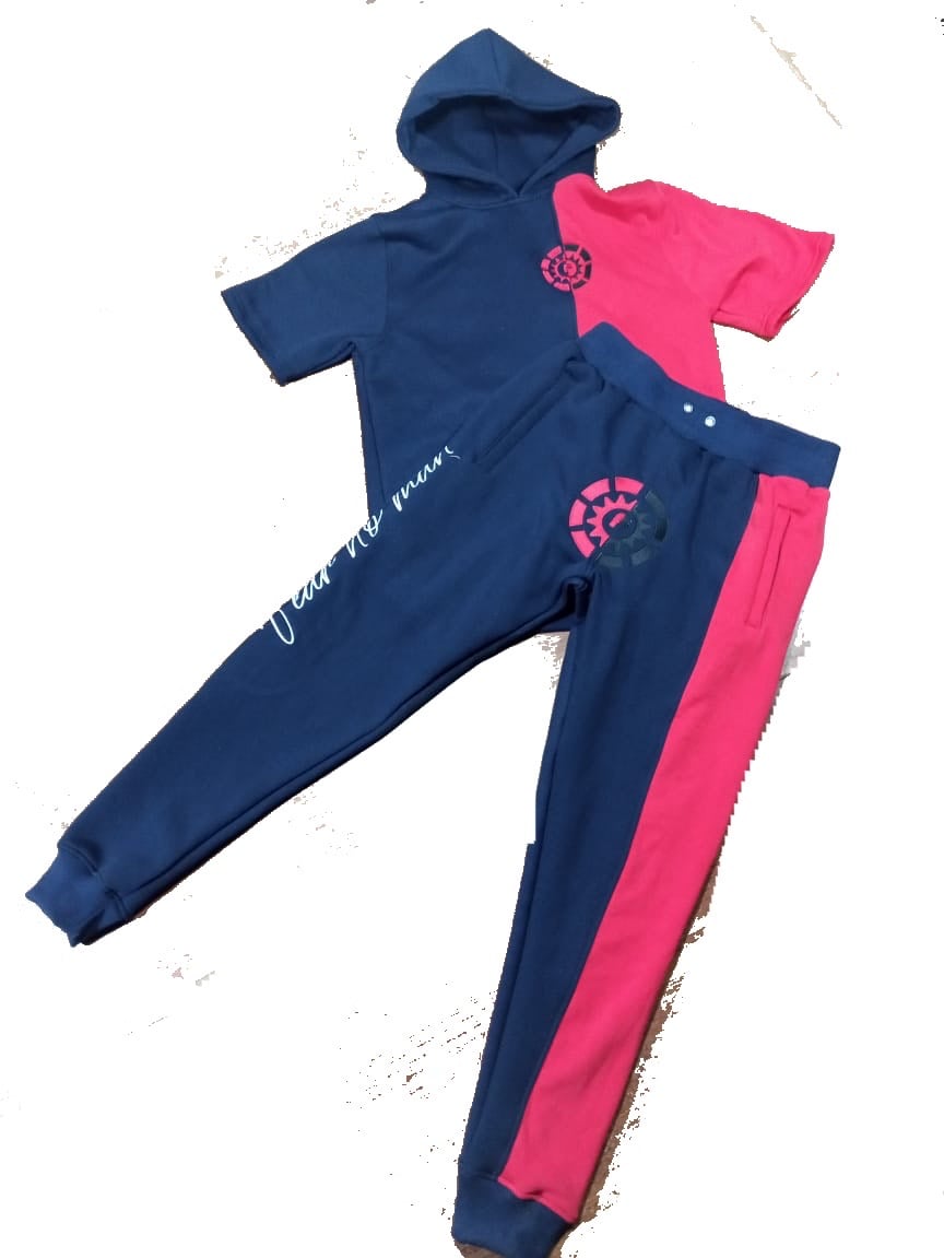 Navy blue and red short sleeve hoodie jogger set