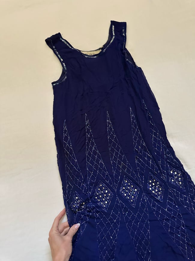 70s does 20s Saks Fifth Avenue sapphire silk flapper dress 