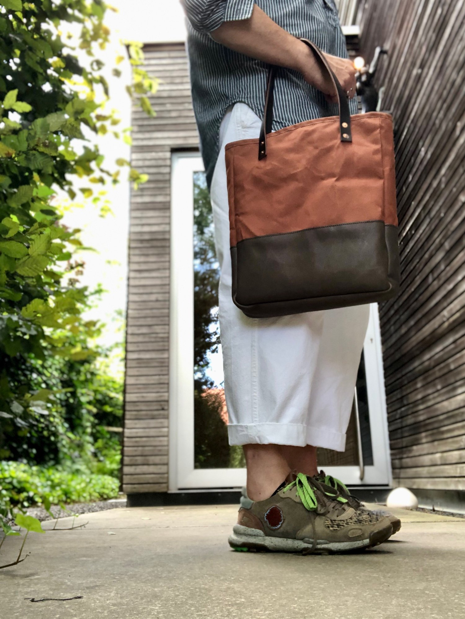 Image of Dry waxed canvas tote bag with leather base and inside zipper pocket