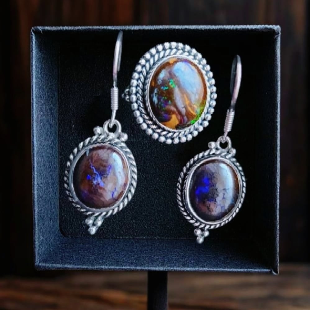Image of Queens Armour Boulder Opals in Sterling Silver - Ring & Earrings Set