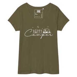 Image of Happy Camper Women’s Fitted V-Neck T-Shirt (Dark Colors)