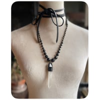 Image 1 of The Ariella Necklace - Faceted Onyx Beads Long Slim Quartz and Black Leather