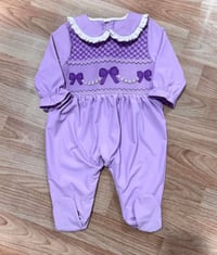 Lilac smocked baby grow 