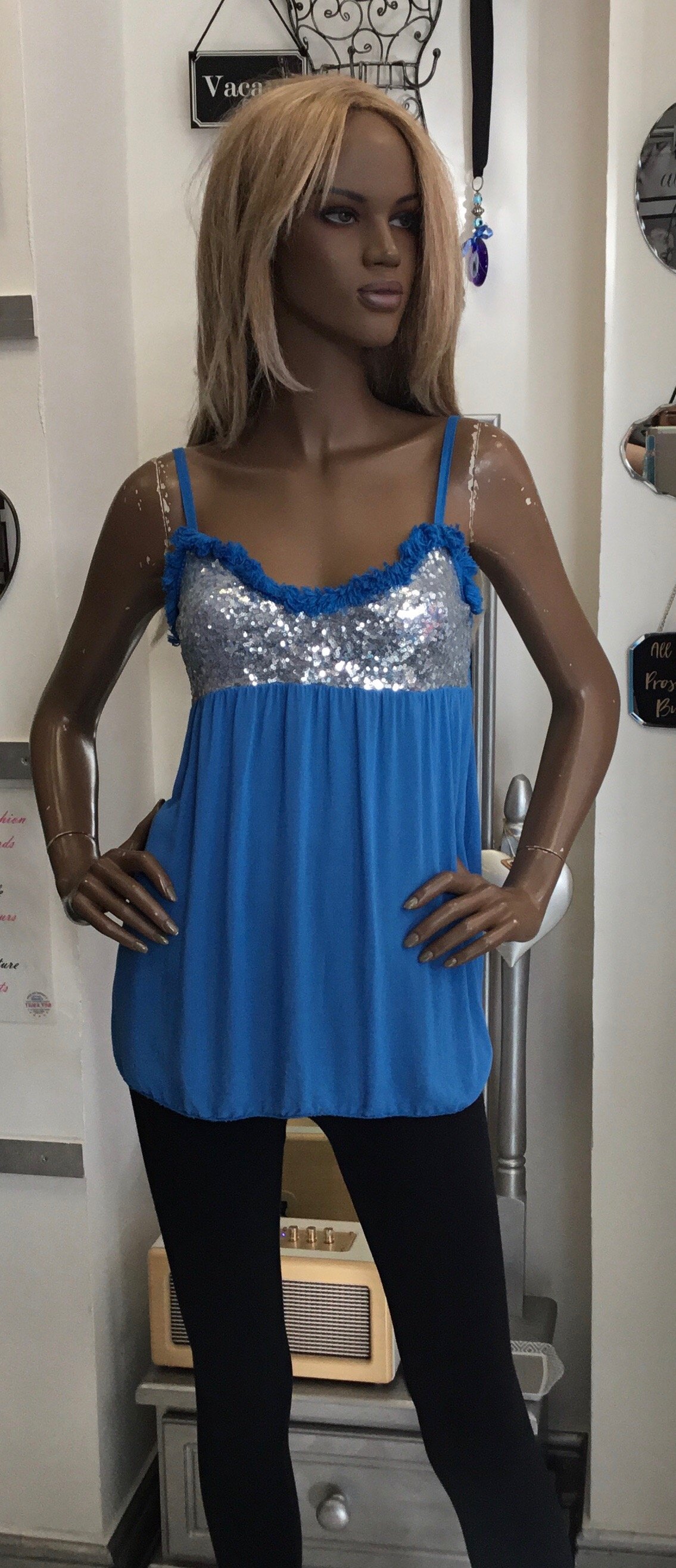 Image of BLUE SEQUIN TOP 10/12 £11 WAS £22