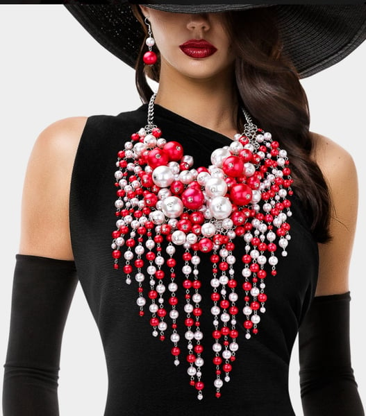 Image of Pearls of love Red&White)Statement Necklace Set