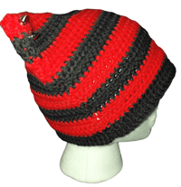 Image 2 of Red and Black Striped Crochet Cat Beanie, Studded Chain Ears, Alternative Style Wear