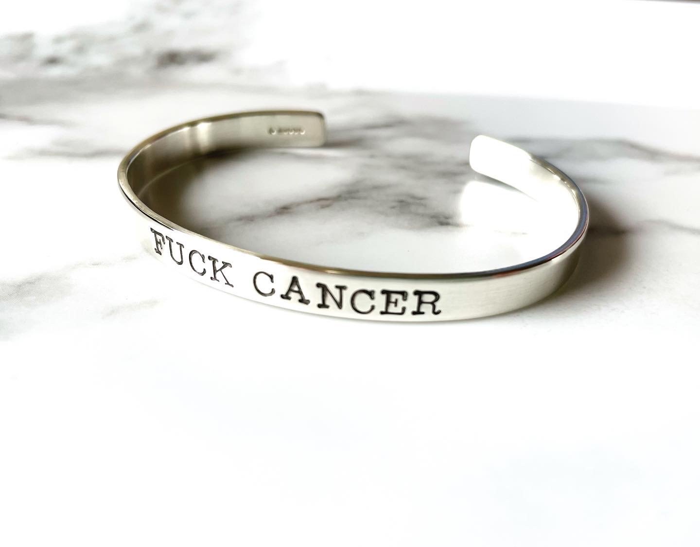 Image of Sterling Silver Cuff Bracelet 'FUCK CANCER'. Hand Stamped Silver Cuff F*ck Cancer 925