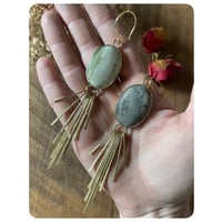Image 1 of Mismatched Green and Grey Agate Solid Brass Fringe Earrings 