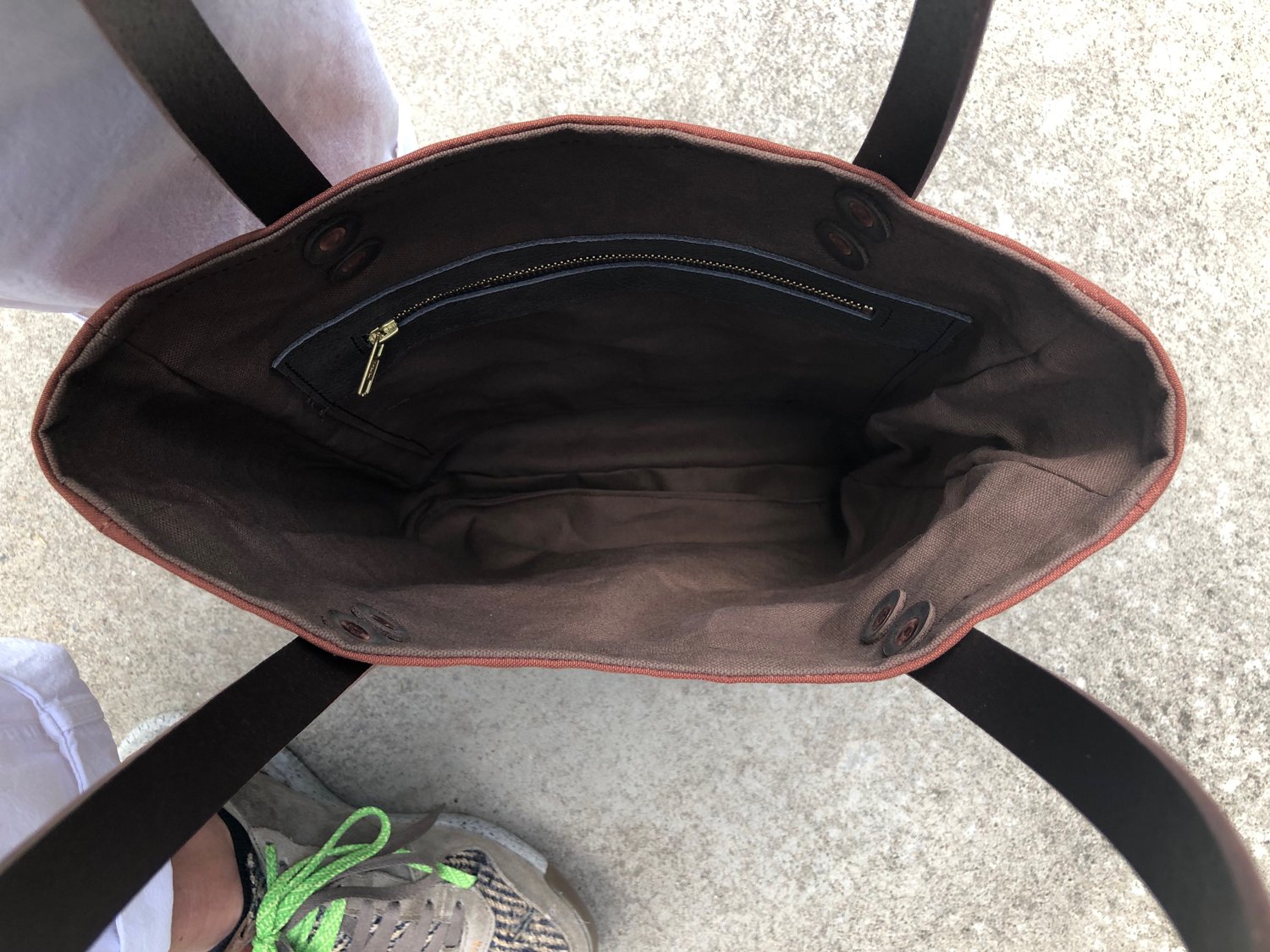 Image of Dry waxed canvas tote bag with leather base and inside zipper pocket