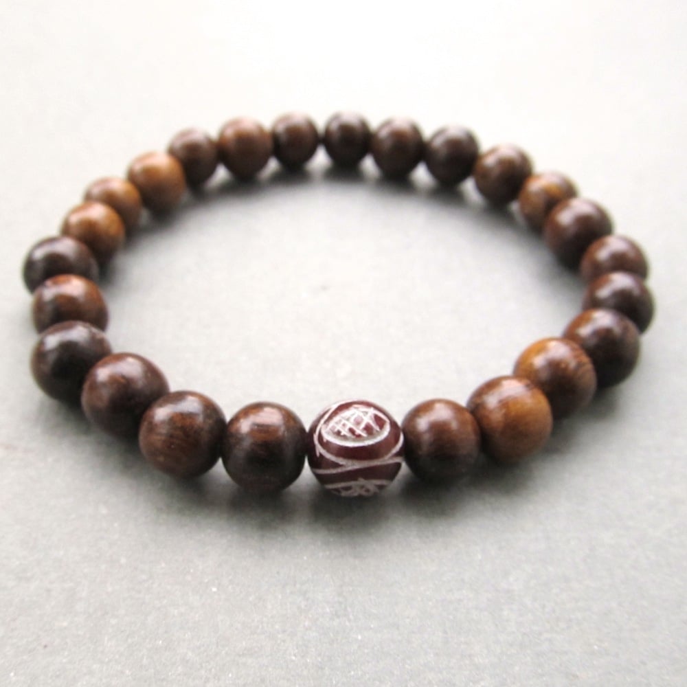 Image of Mens brown robles beaded stretch bracelet with chinese serpentine bead
