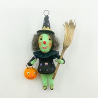Image 1 of Mini Green Witch with Broom and Jack O' Lantern