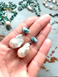 Image 1 of large baroque pearl and Golden Hills turquoise earrings