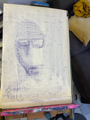 One line male portrait with indigo - mixed technique on vintage paper, 70x50 cm