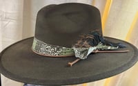 Image 2 of Green Painted Fedora Hat Multi Print Band & Feathers  