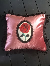 Image 7 of Red Rose Patch Pink Velvet Cushion Cover