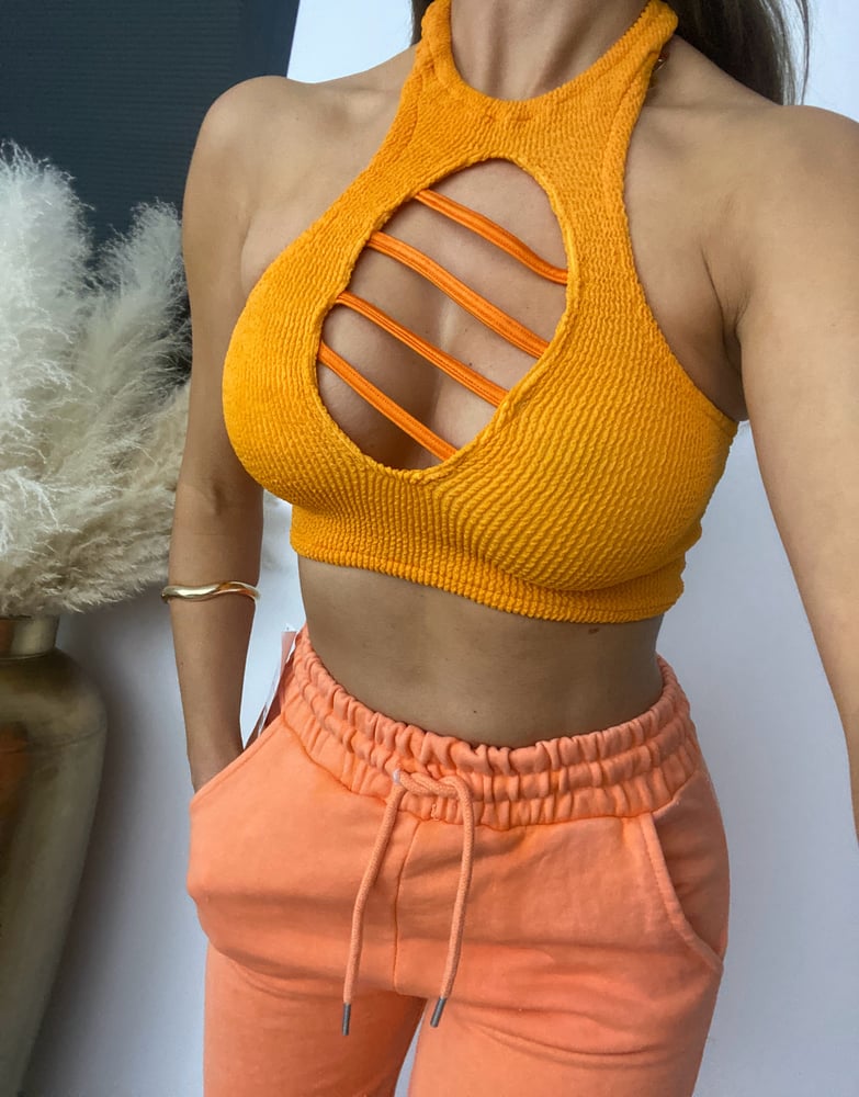 Image of Caged Crop Top In Burnt Orange Crinkle