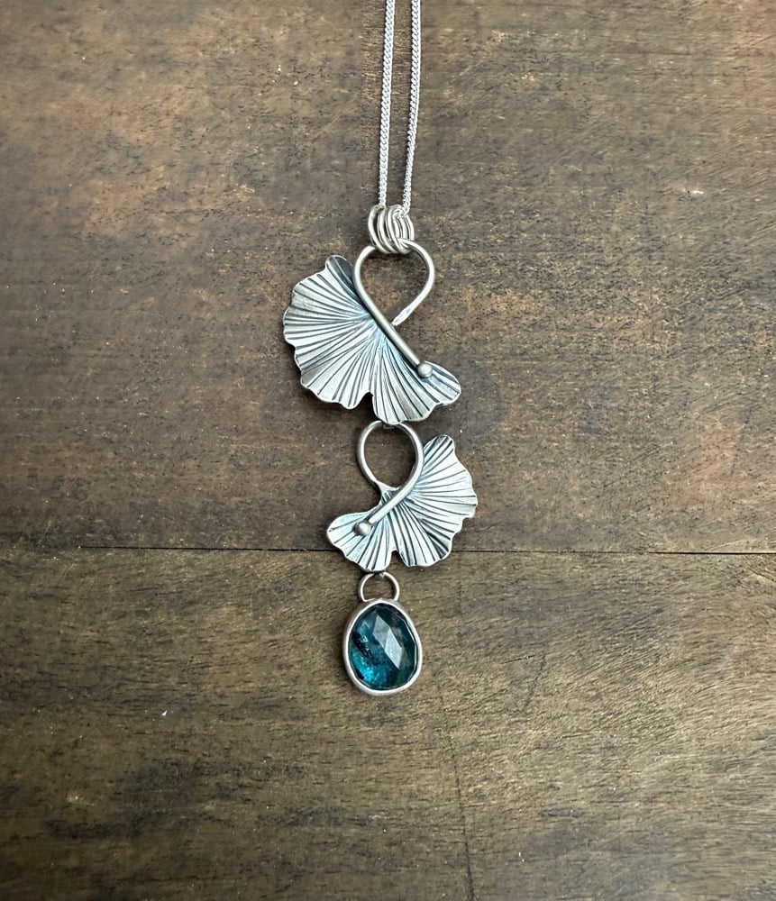 Image of Tiered Swoosh Ginkgo Leaf Teal Moss Kyanite Necklace