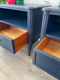 Image 6 of Vintage Stag Chateau Bedside Tables / Bedside Cabinets painted in navy blue.