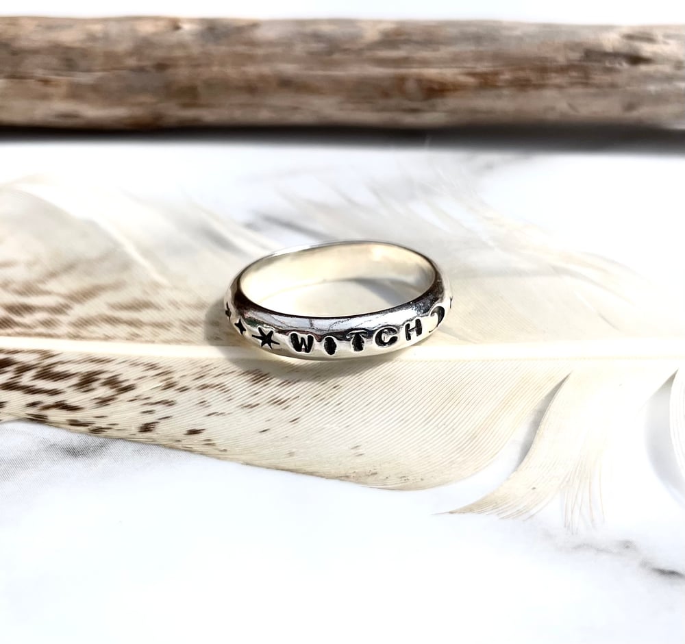 Chunky Rounded Silver Witch Ring With Stars And Moons. Sterling.