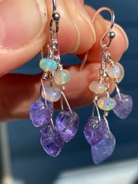 Image 1 of Beautiful Tanzanite and Welo Opal Earrings, Tanzanite Carved Crystal Leaf Earrings