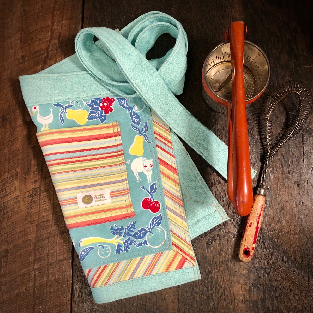 Happy Host Apron | Vintage Couture | Handmade Waist Apron Aqua Vintage Cotton Print  