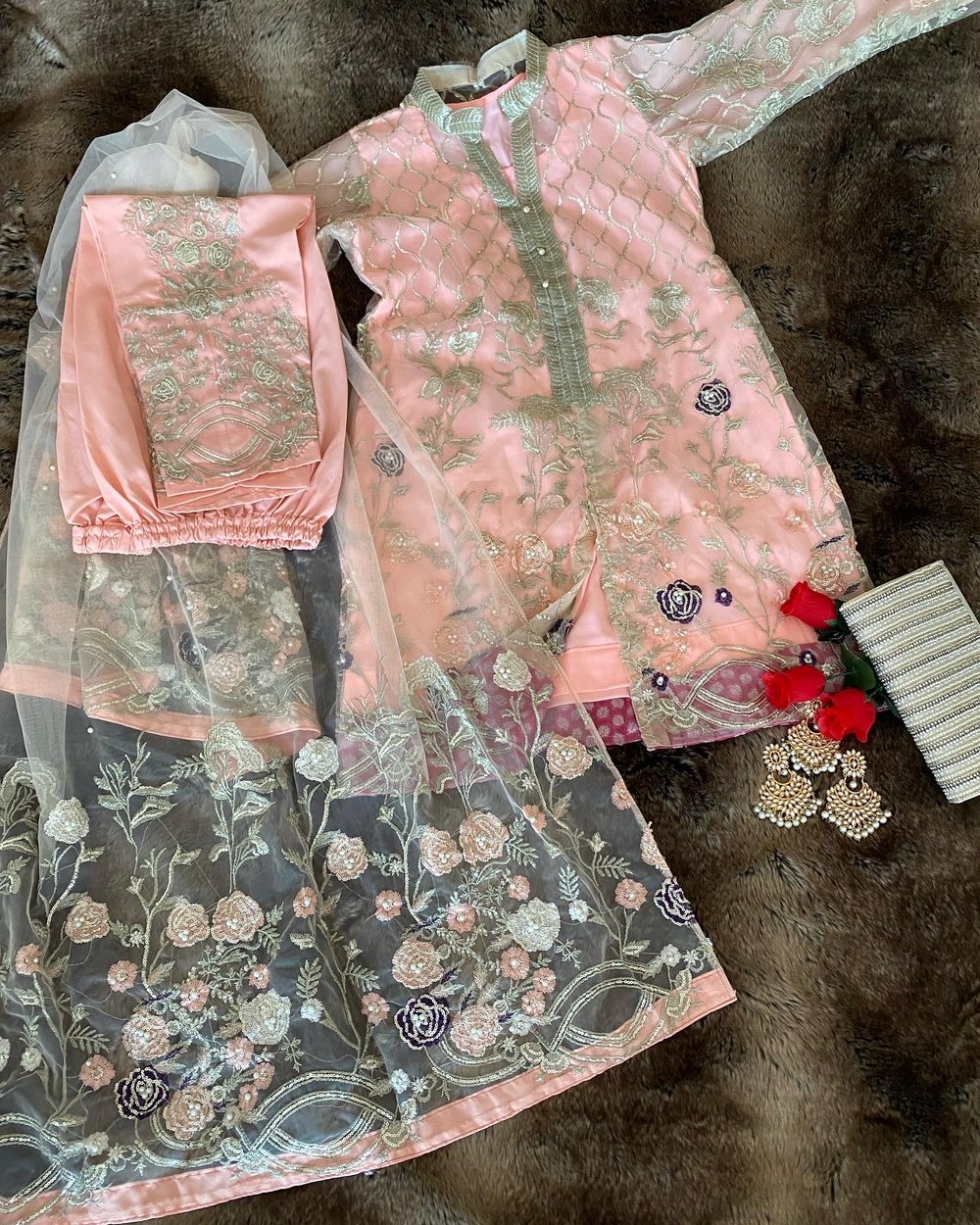 Peach net fancy suit
