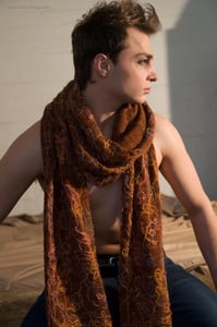 Image of Creative Functional Tonal Knitted Scarf Wrap with Mohair Tonal Swirl Embroidery Unisex Rust Brown