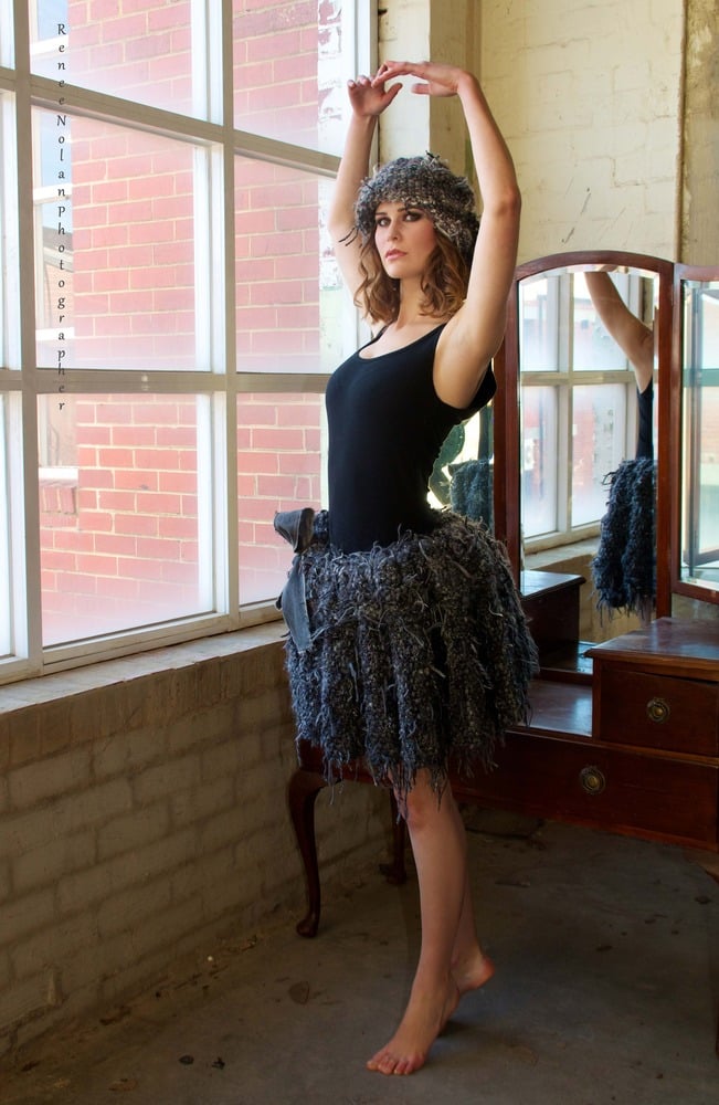 Image of Wearable Art Creative Tonal Hand Knitted Gathered Cape Skirt Denim Bow Women Charcoal Grey