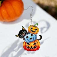 Image 2 of Cute Halloween Pumpkin with a Cat Hanging Earrings