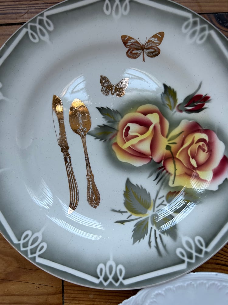 Image of Assiettes  anciennes décorées avec des insectes ou des mots à l’or fin