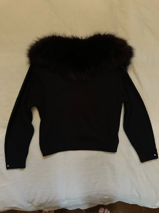 1950s 60s black cardigan sweater with real fur collar