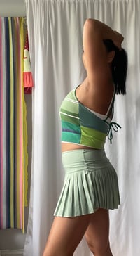 Image 6 of green patchwork stripes apron adult M/L medium large halter adjustable tie courtneycourtney crop top