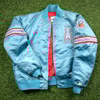 Image 1 of 90’s Starter NFL Pro Line Satin Bomber Jacket Houston Oilers Sz. XL Light Blue