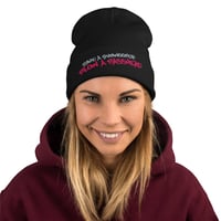 Gray and Pink Embroidered Beanie