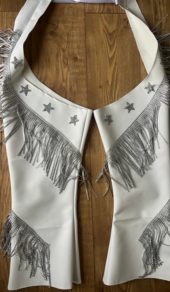 handmade White faux leather chaps and rhinestone trim and stars