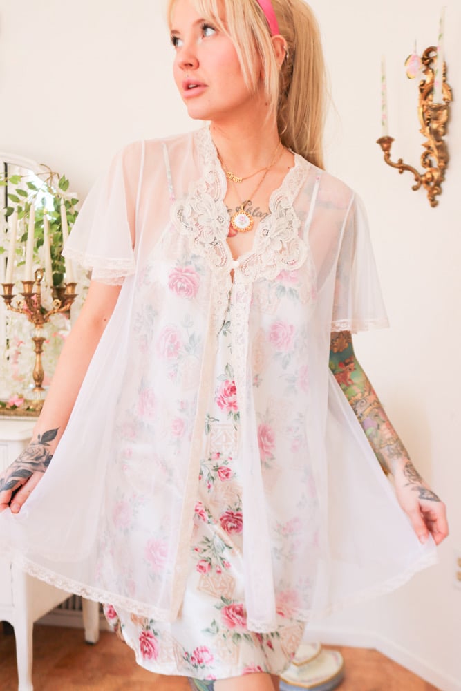 Image of Vintage 1970s Gilead See Through Bed Cape with Lace Details (Medium)