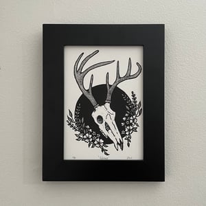 Deer Skull And Flowers Linocut Print