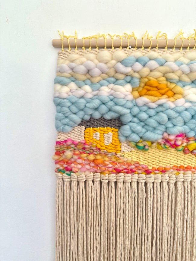 Little Yellow house & the candy mountains. Woven wall hanging.