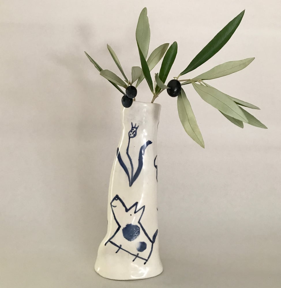 Image of Bud vase with dog, bird and flowers 