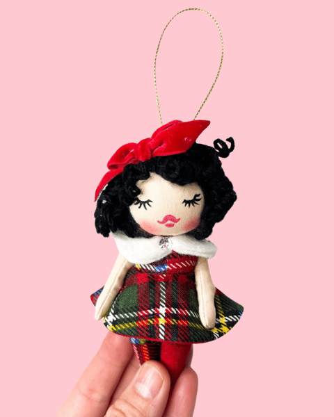 Image of Plaid Holiday Doll Ornament Black Curls 