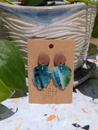 Image 3 of Tropical Monstera Glass Earrings – Handmade Statement Dangles in Ocean Blue & Green