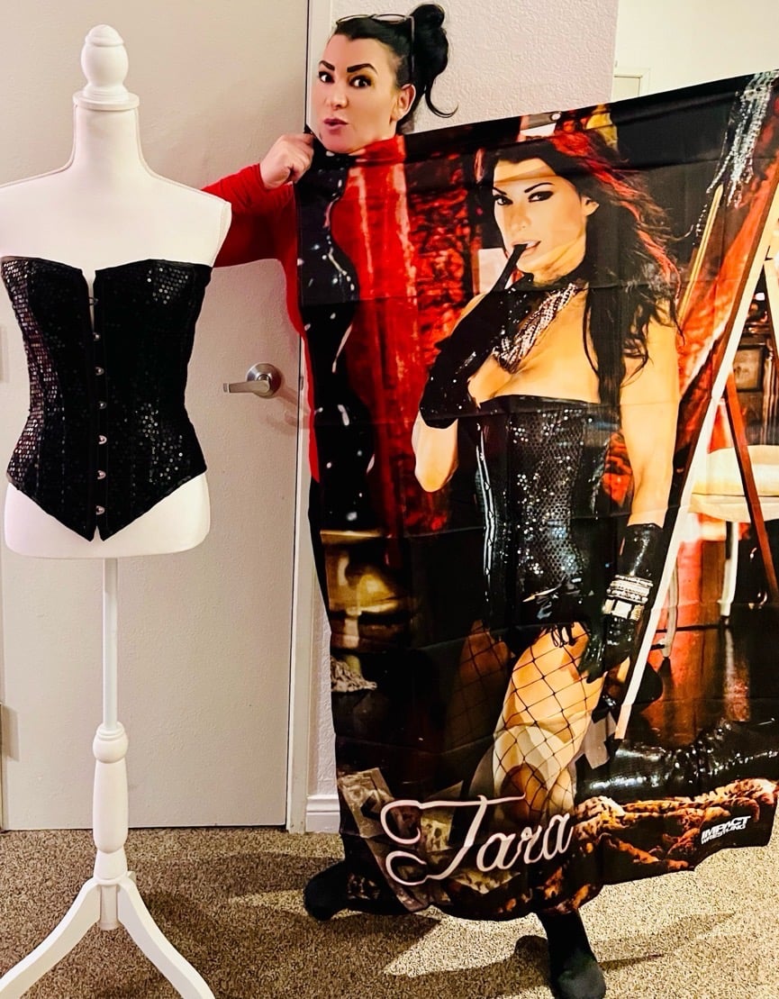 Worn Black Sequins Corset with Free TNA Moulin Rouge Banner