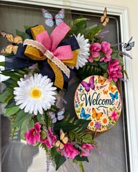 Image 2 of Welcome Butterfly & Floral Wreath with Bow - Pink, White, Yellow, Navy