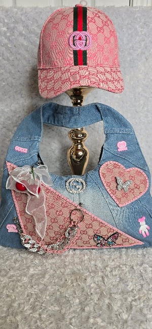 Image of Pink Gorg girl Denim shoulder bag Matching hat