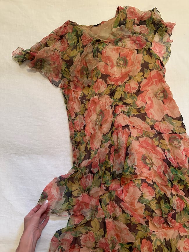 1920s tissue silk chiffon peony dress