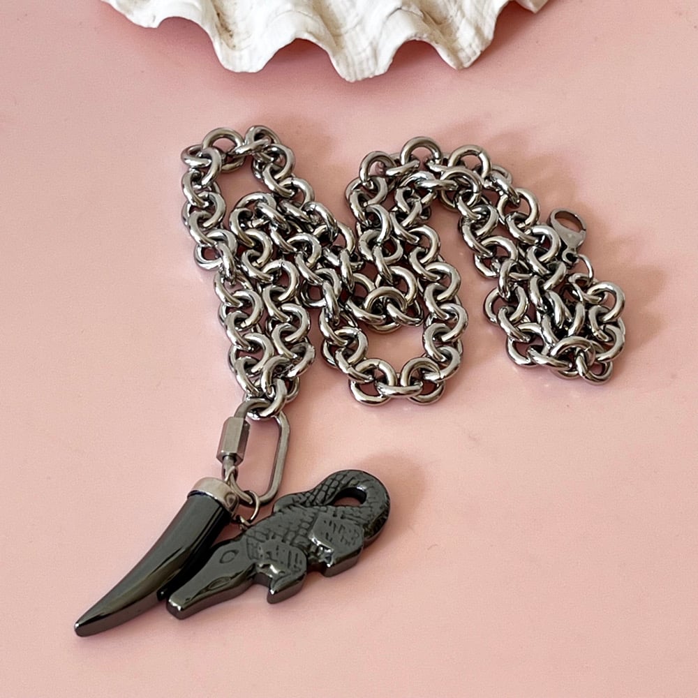 Image of Chunky Hematite Alligator and Tusk Necklace