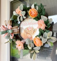 Image 2 of Peach Floral Highland cow welcome Wreath 