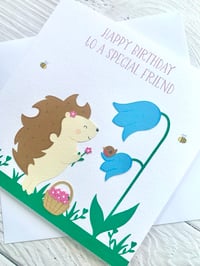 Image 4 of Handmade Hedgehog & Robin Special Friend Birthday Card with Flowers -  Perfect for Nature Lovers